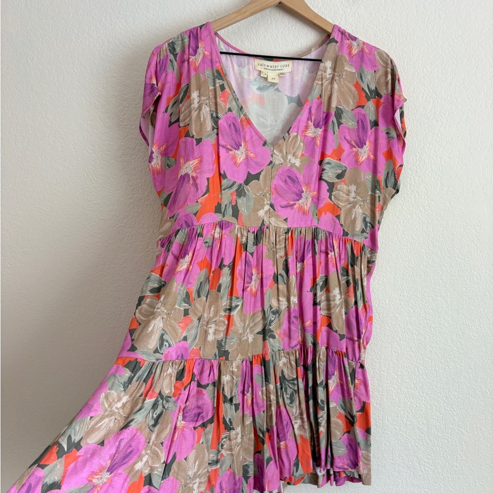 Saltwater Luxe Pink and Coral Floral Tiered Mini Dress - Picture 5 of 6